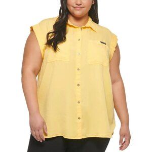 NWT Calvin Klein Jeans Tencel Button Down Collared Sleeveless Top Sun Yellow 3X